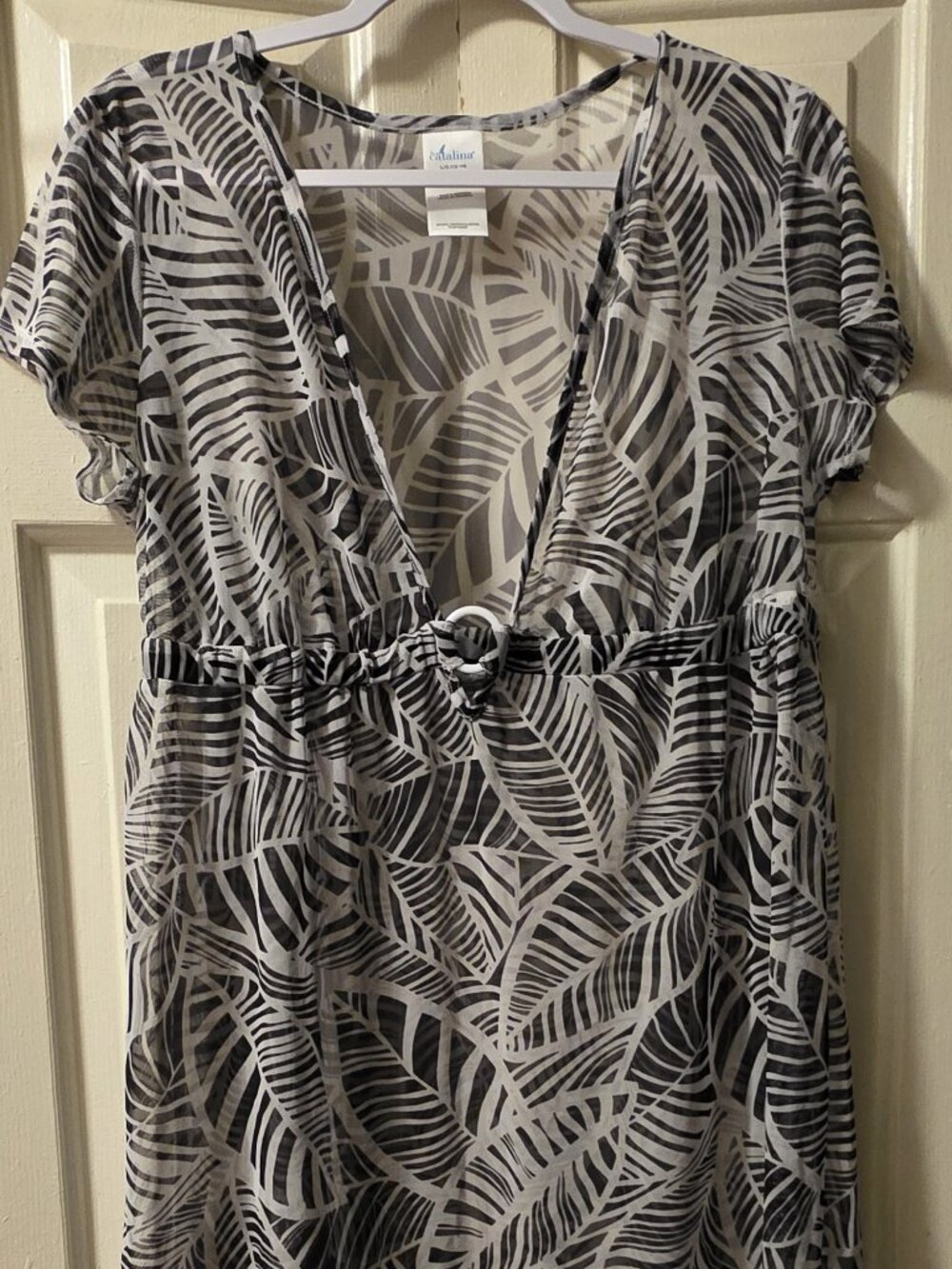 Catalina Leaf Print Swim Cover-Up / Beach Dress Black & White — Size Large NEW